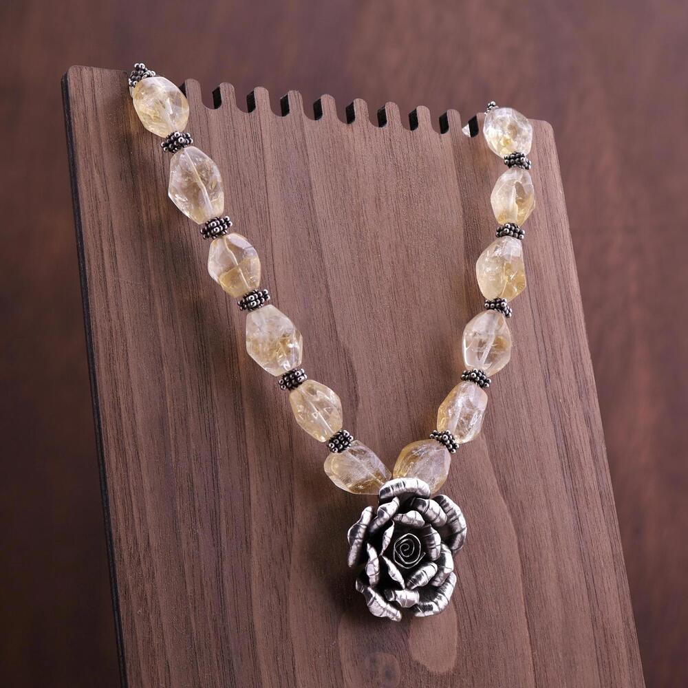 Artisan Chunky Tumbled Citrine Necklace w Sterling Rose Pendant and Toggle Clasp